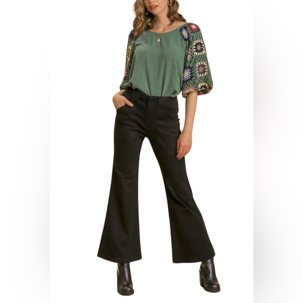 Umgee Flare Jeans Mid Rise Patch Pocket Trouser Denim Pants Black Medium M A0363